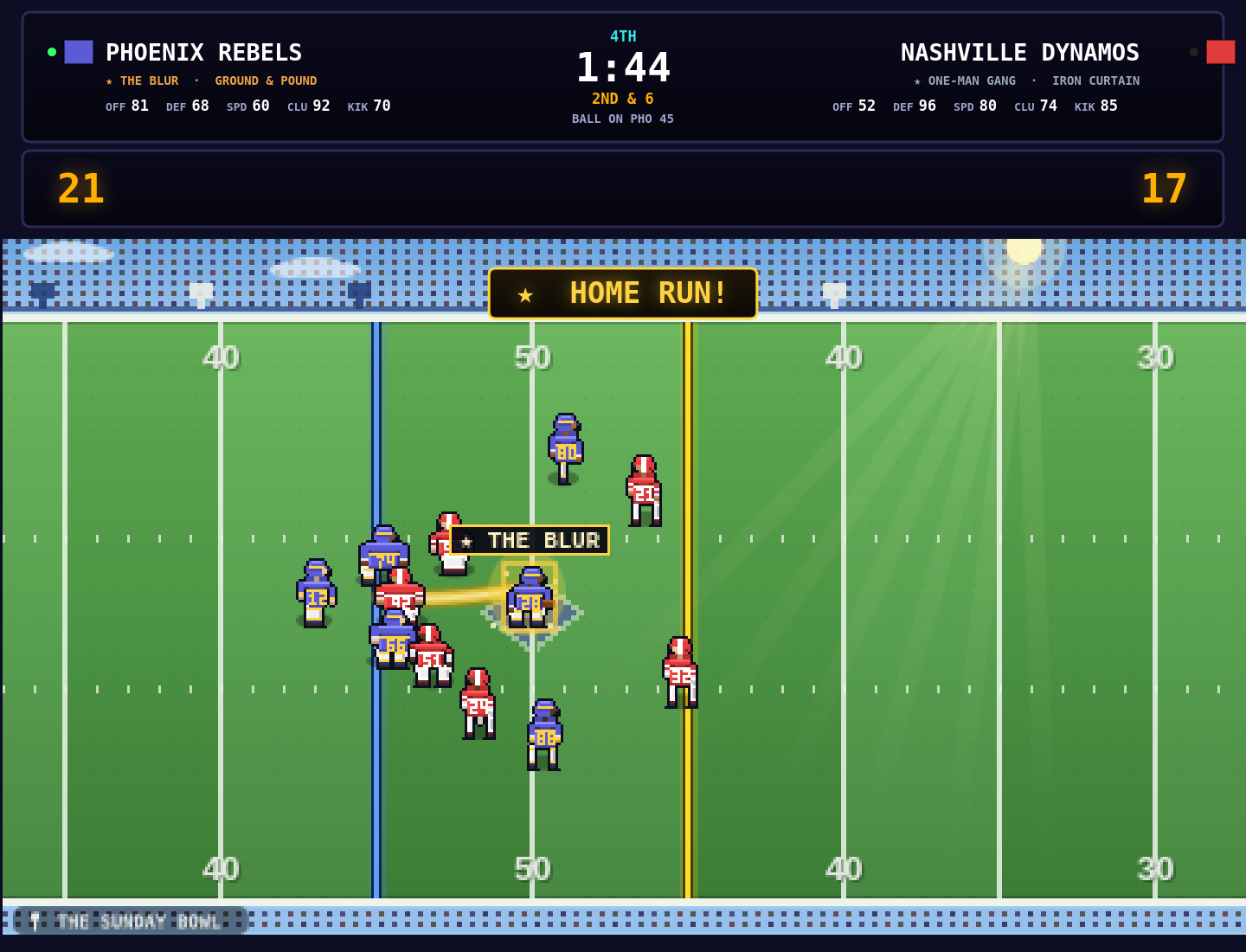 Retro football gameplay showing two fantasy league teams competing on the field with the scoreboard, clock, ratings, and down information visible.